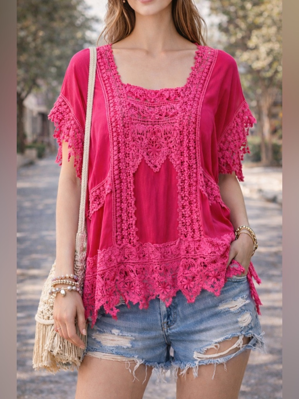 NEW | Johnny Was | Pink Crochet Georgette Blouse - Size M
